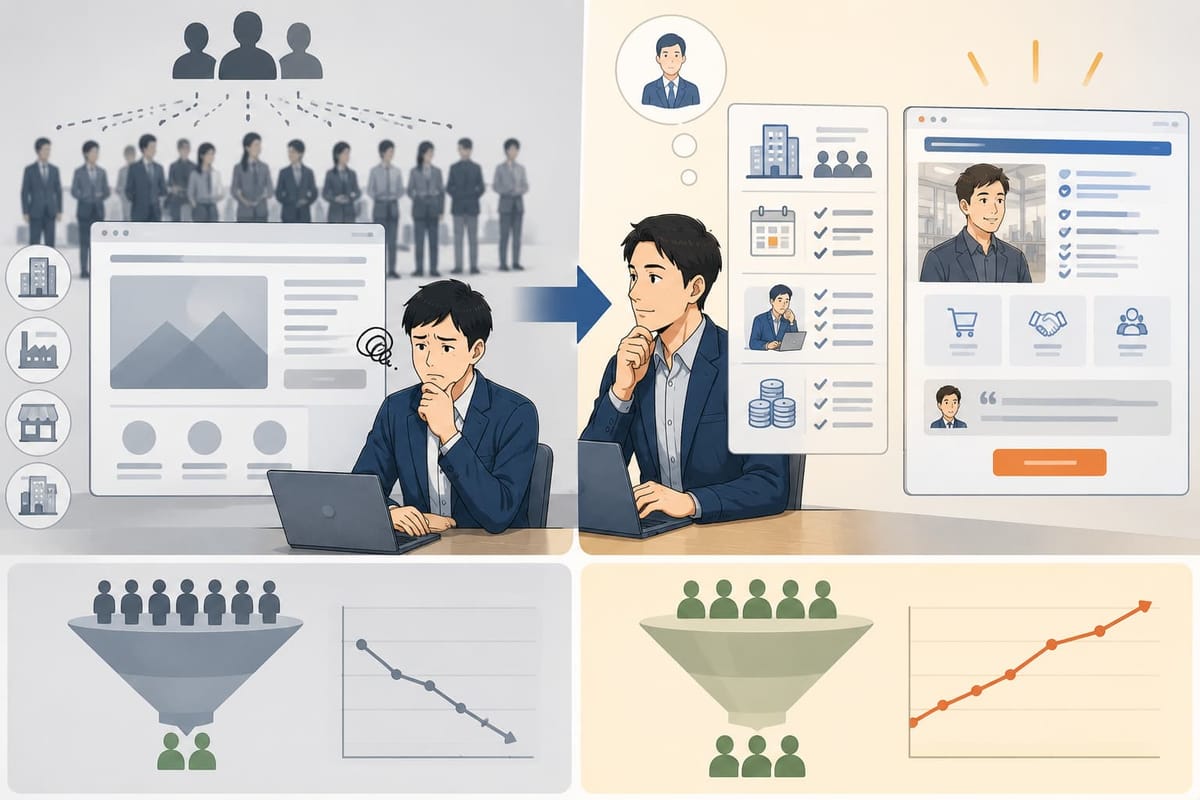 左は誰にでも向けたLPで見込み客が絞られずグラフが下がる様子、右は具体的な人物像を思い浮かべて作ったLPでグラフが上がる様子を対比した、ターゲット設計のイラスト
